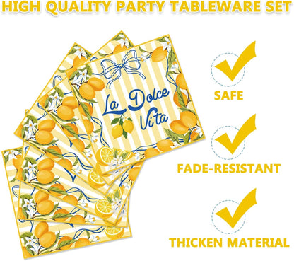 96Pcs La Dolce Vita Paper Plates Napkins Forks Lemon Citrus Party Tableware for Italian Summer Theme Girls Weekend Bachelorette Supplies Serve 24 Guests
