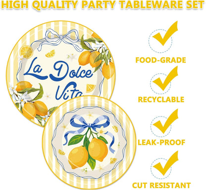 96Pcs La Dolce Vita Paper Plates Napkins Forks Lemon Citrus Party Tableware for Italian Summer Theme Girls Weekend Bachelorette Supplies Serve 24 Guests