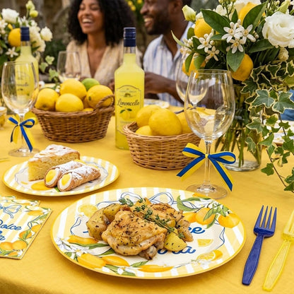96Pcs La Dolce Vita Paper Plates Napkins Forks Lemon Citrus Party Tableware for Italian Summer Theme Girls Weekend Bachelorette Supplies Serve 24 Guests