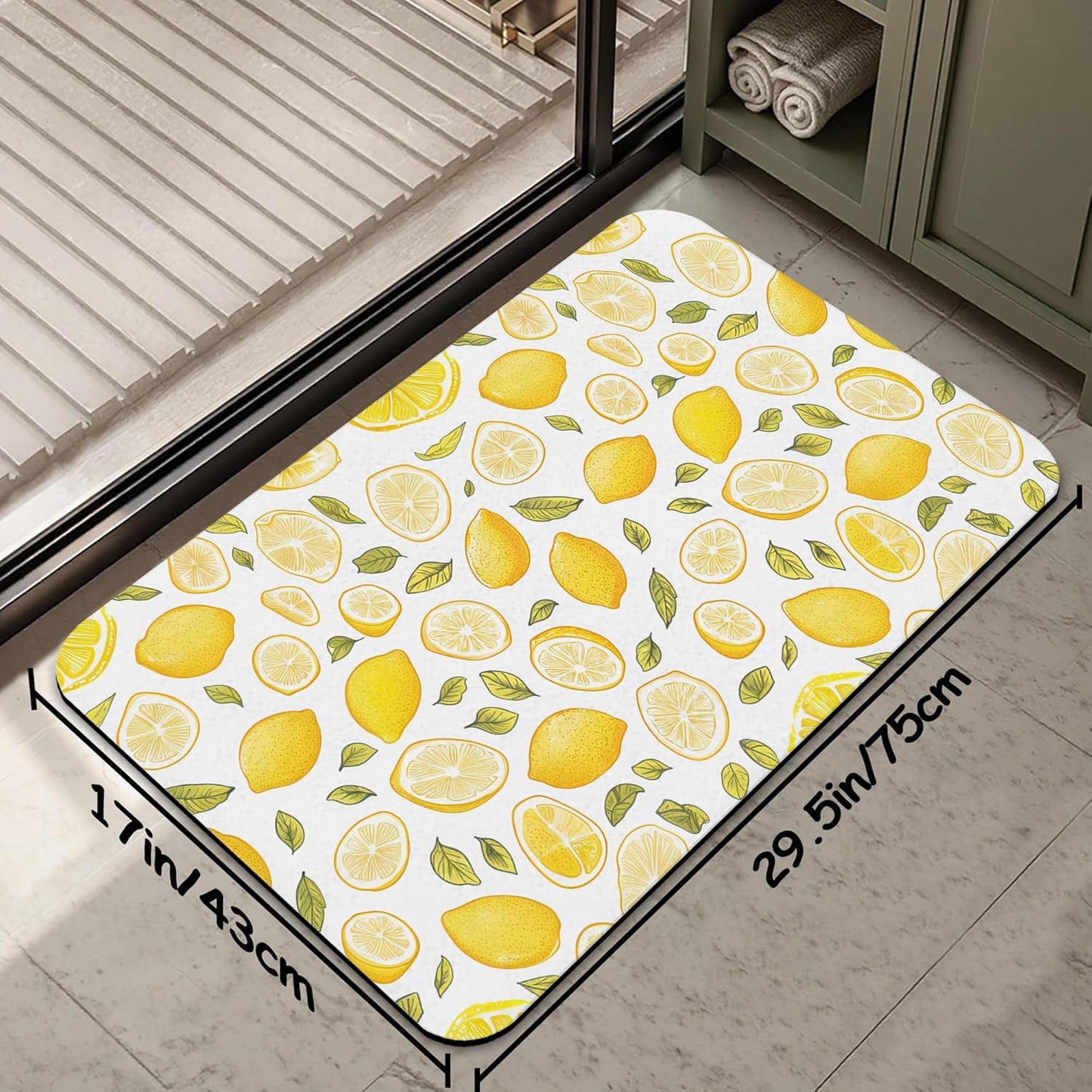 Bathroom Rug 29.5"x17",Yellow Lemon Bath Mat with Non-Slip Rubber Backing, Quick-Drying Absorbent Thin Floor Mat for Bathroom, Shower, Sink, or Kitchen