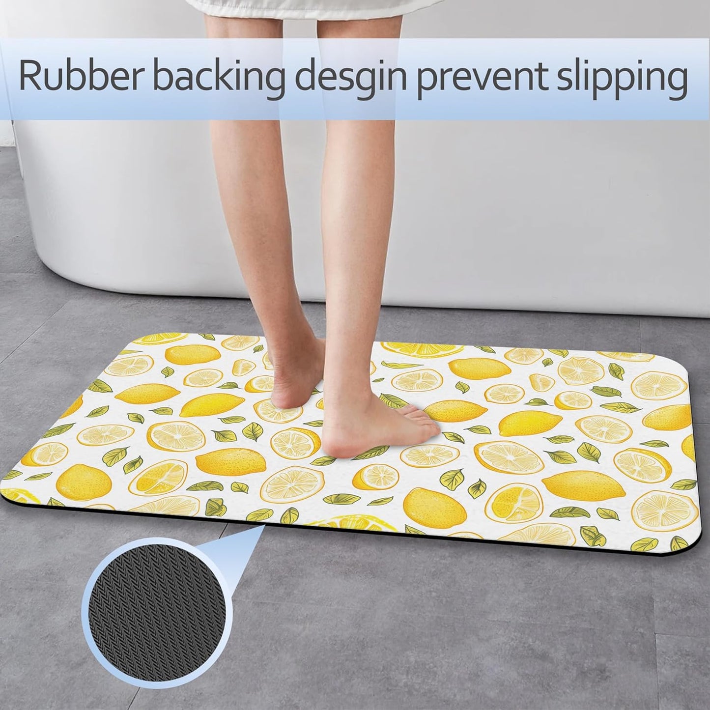 Bathroom Rug 29.5"x17",Yellow Lemon Bath Mat with Non-Slip Rubber Backing, Quick-Drying Absorbent Thin Floor Mat for Bathroom, Shower, Sink, or Kitchen