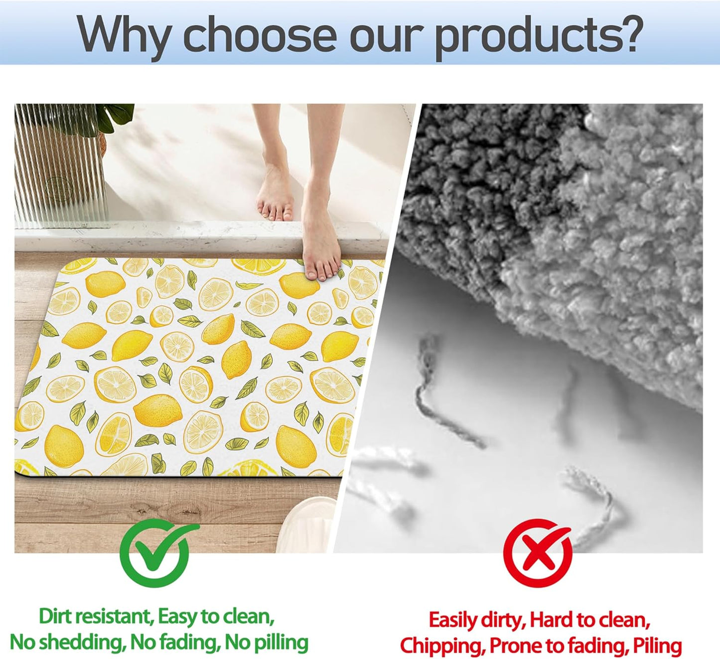Bathroom Rug 29.5"x17",Yellow Lemon Bath Mat with Non-Slip Rubber Backing, Quick-Drying Absorbent Thin Floor Mat for Bathroom, Shower, Sink, or Kitchen