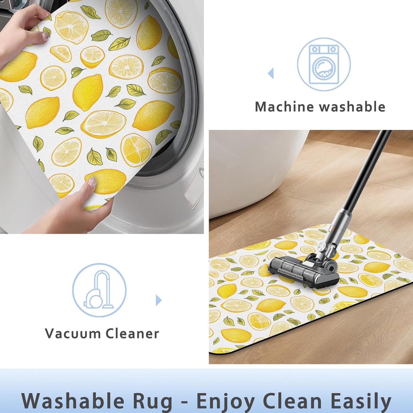 Bathroom Rug 29.5"x17",Yellow Lemon Bath Mat with Non-Slip Rubber Backing, Quick-Drying Absorbent Thin Floor Mat for Bathroom, Shower, Sink, or Kitchen