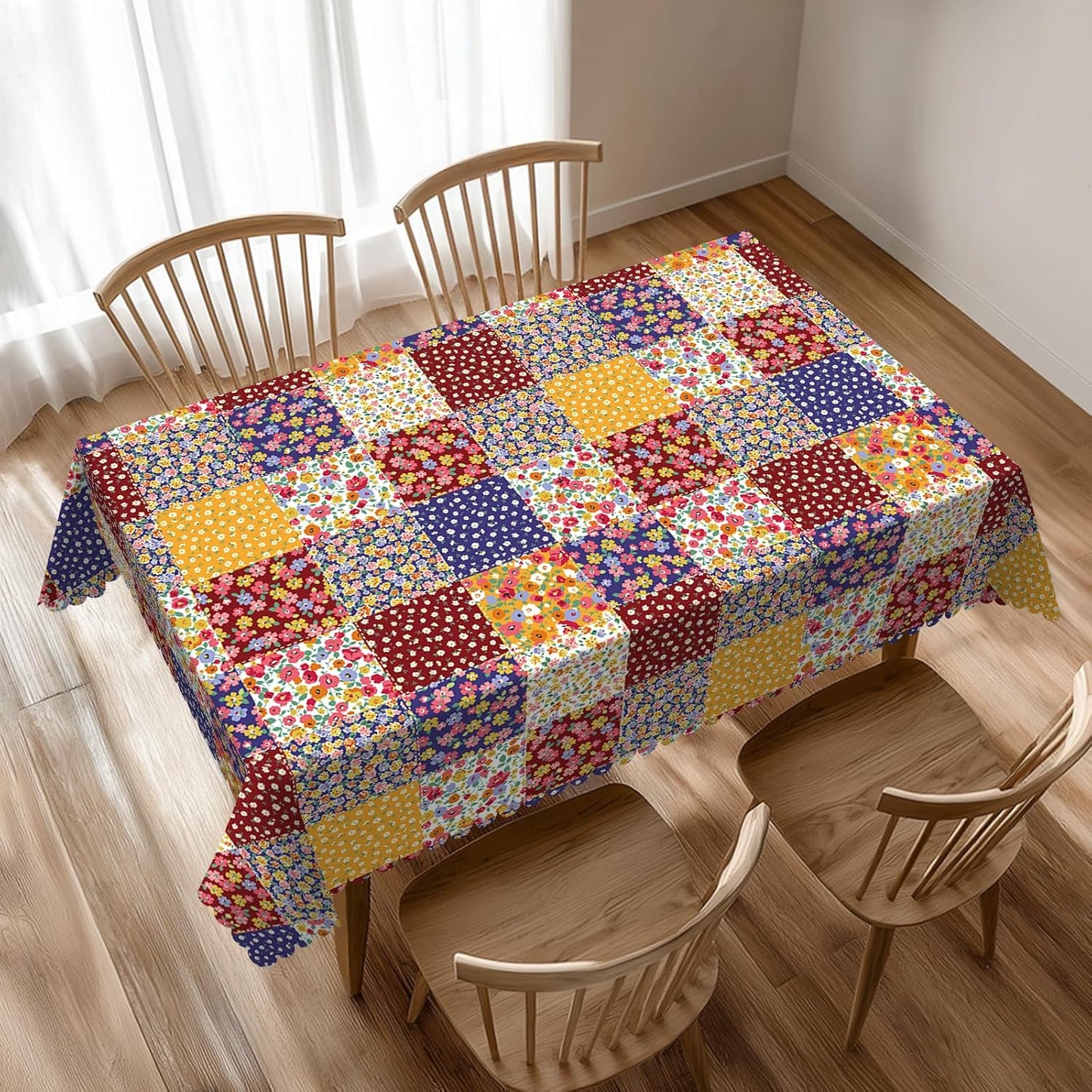 Boho Floral Patchwork Table Cloth for Dining Tables, Reusable Country Garden Fall Flowers Plaid Patchwork Tablecloths Decoration Rectangle Table Cover for Kitchen,Holiday,Party, 54x72 Inch