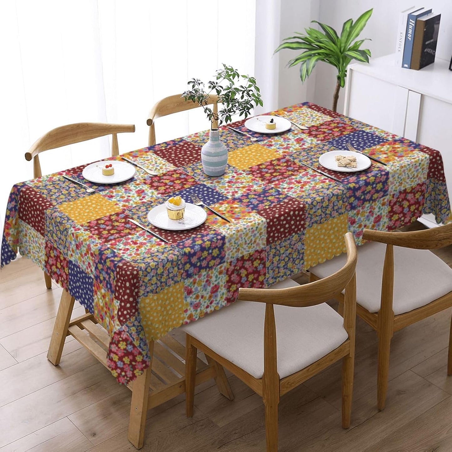 Boho Floral Patchwork Table Cloth for Dining Tables, Reusable Country Garden Fall Flowers Plaid Patchwork Tablecloths Decoration Rectangle Table Cover for Kitchen,Holiday,Party, 54x72 Inch
