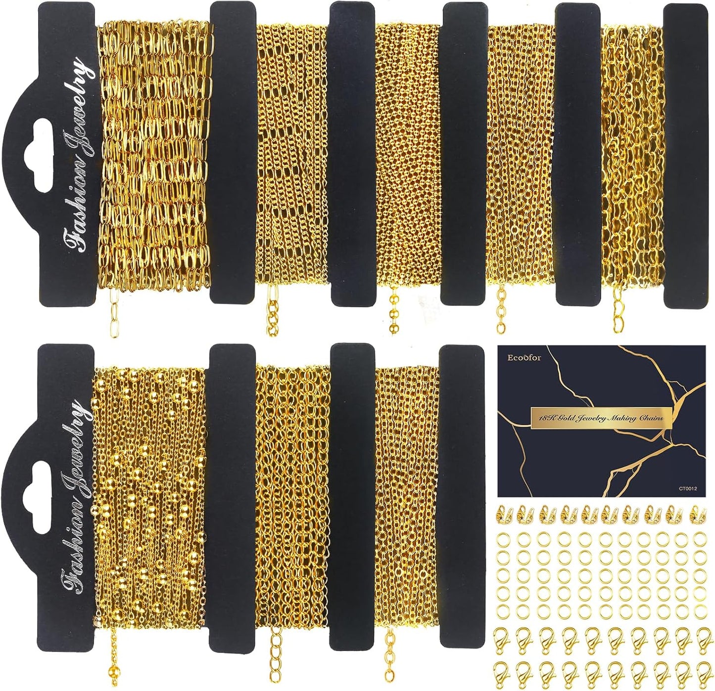 14k Gold Necklace Chain for Jewelry Making, 16.6 Feet Total (5 Rolls) DIY Bracelet Chains with 300 Jump Rings, 50 Lobster Clasps, 1 Jewelry Pliers,1 Support Ring and 50 Pendants