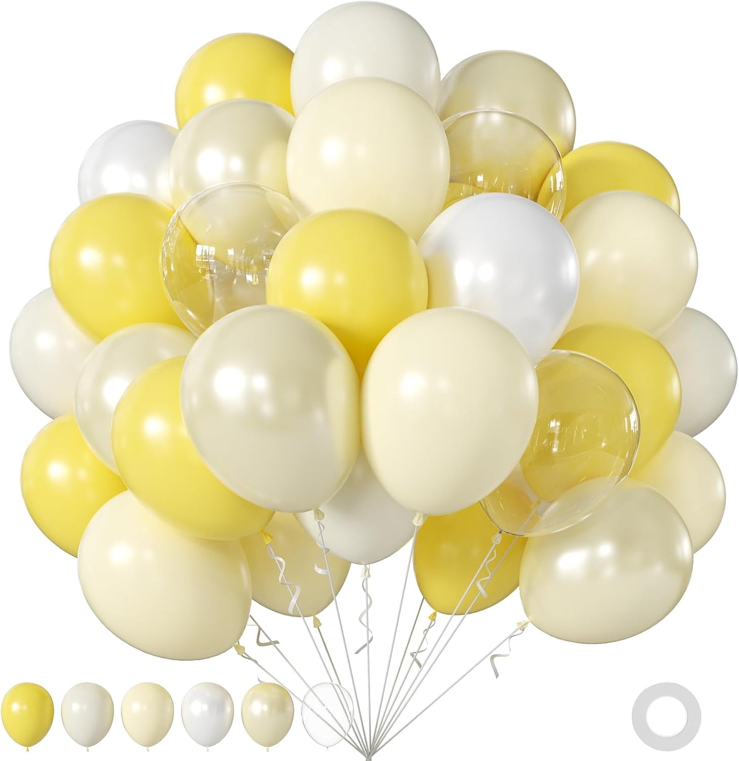 Yellow Balloons for Bridal Shower Baby Shower Wedding Decorations | 60Pcs 12Inch Double Stuffed Macaron Pastel Yellow White Clear Balloons， Engagement Annivesary Birthday Party Decorations