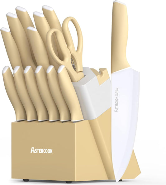 Kitchen Knife Set with Block and Sharpener 15 Piece Knives Set German High Carbon Stainless Steel Knives Sharp Blade Dishwasher Safe Deba Knives with Ergonomic Handle