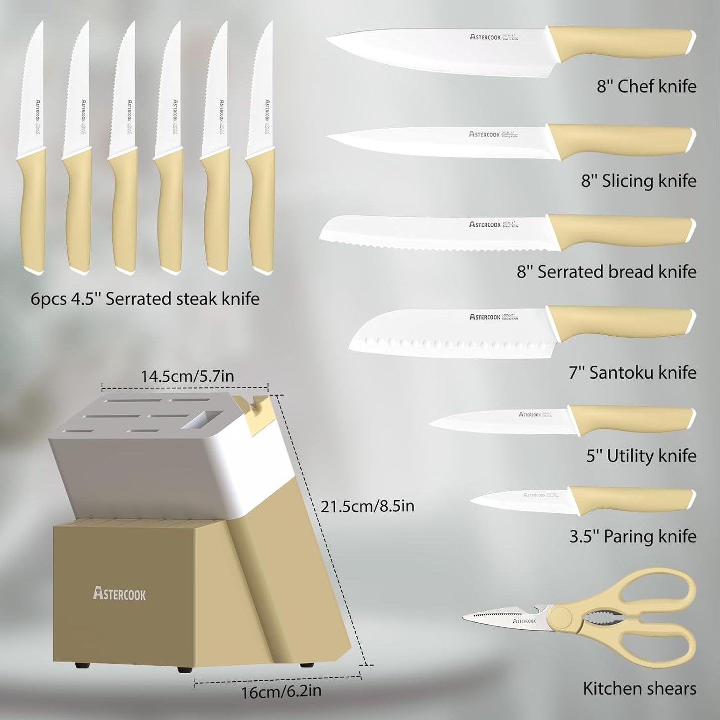 Kitchen Knife Set with Block and Sharpener 15 Piece Knives Set German High Carbon Stainless Steel Knives Sharp Blade Dishwasher Safe Deba Knives with Ergonomic Handle