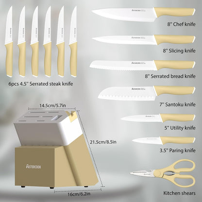 Kitchen Knife Set with Block and Sharpener 15 Piece Knives Set German High Carbon Stainless Steel Knives Sharp Blade Dishwasher Safe Deba Knives with Ergonomic Handle