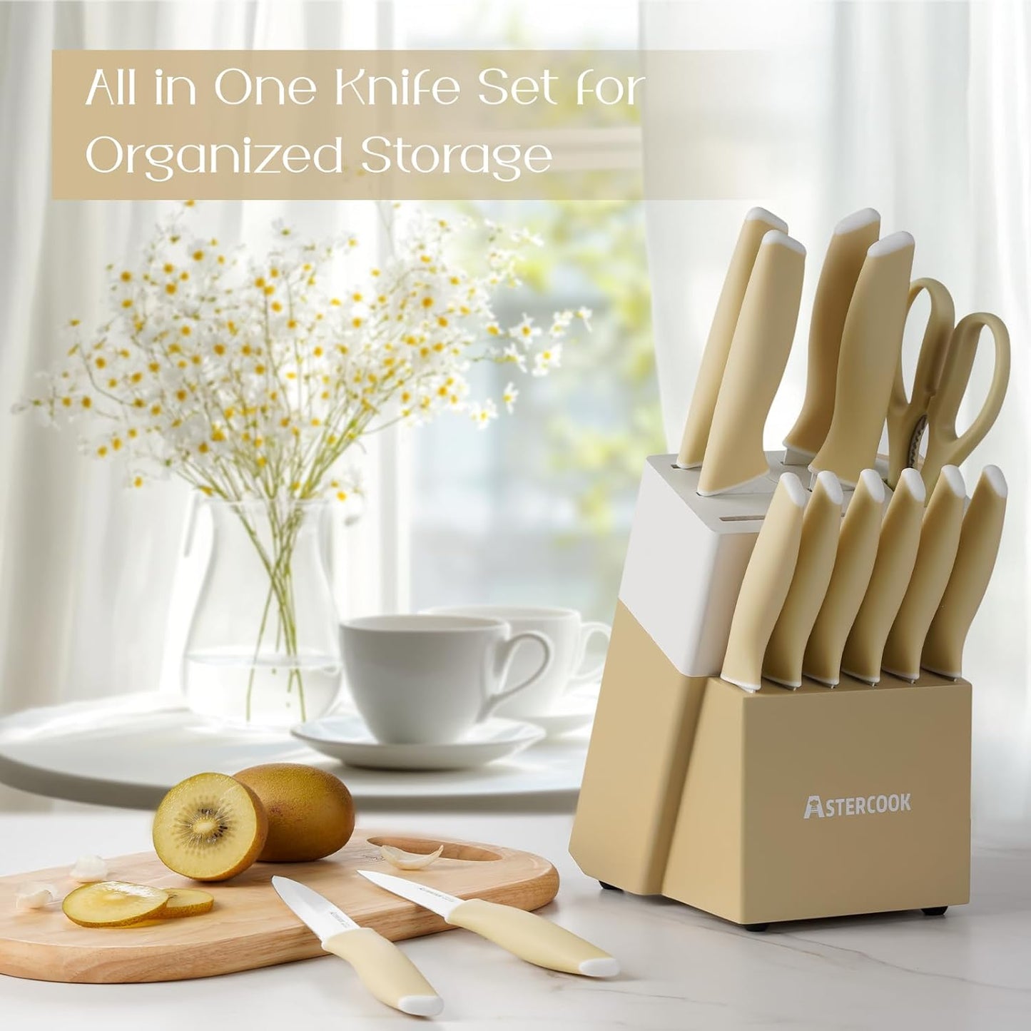 Kitchen Knife Set with Block and Sharpener 15 Piece Knives Set German High Carbon Stainless Steel Knives Sharp Blade Dishwasher Safe Deba Knives with Ergonomic Handle
