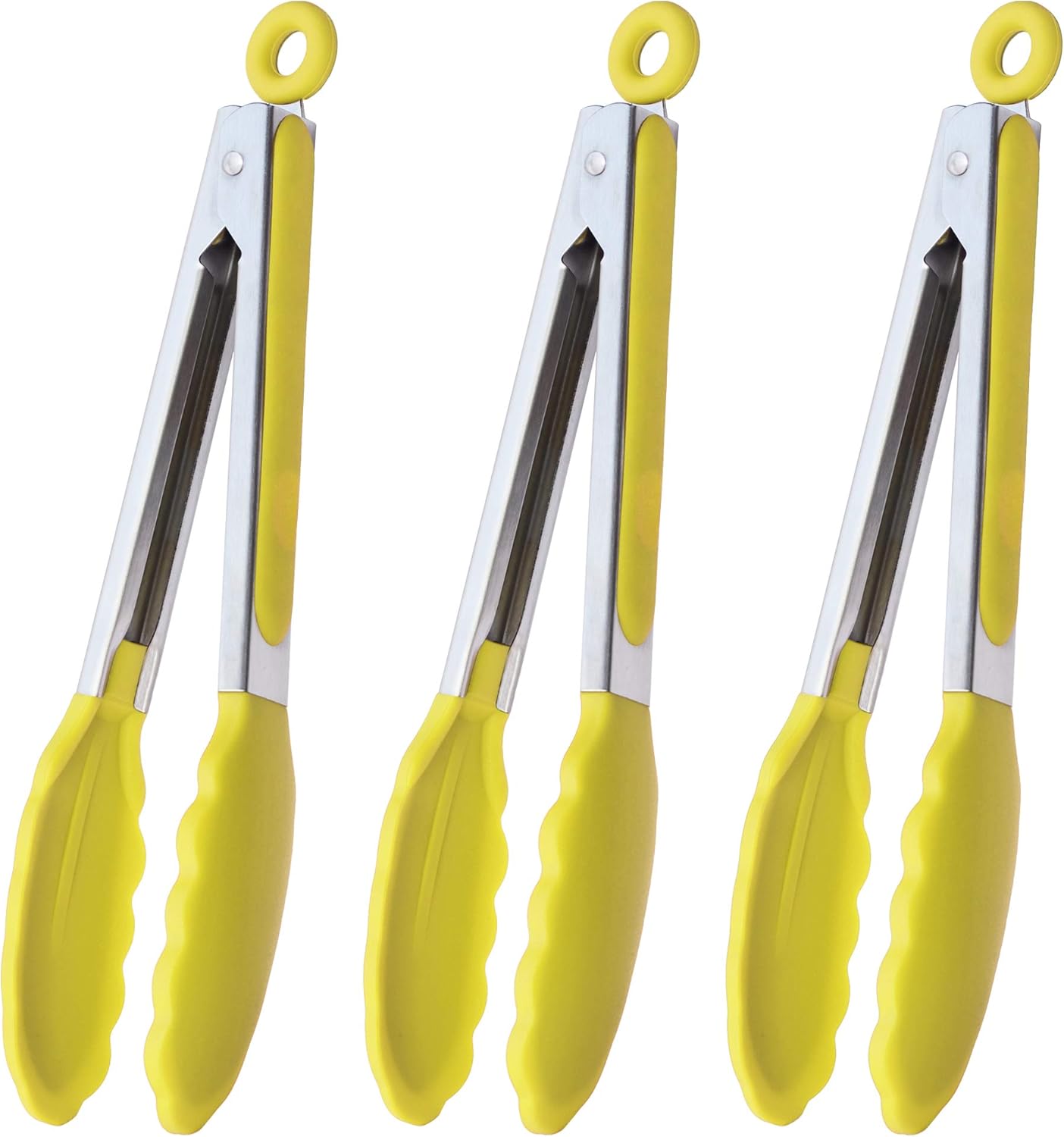 Silicone Tipped Tongs 9" Kitchen Cooking Tongs, Set of 3 (Yellow)