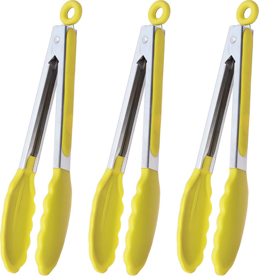 Silicone Tipped Tongs 9" Kitchen Cooking Tongs, Set of 3 (Yellow)