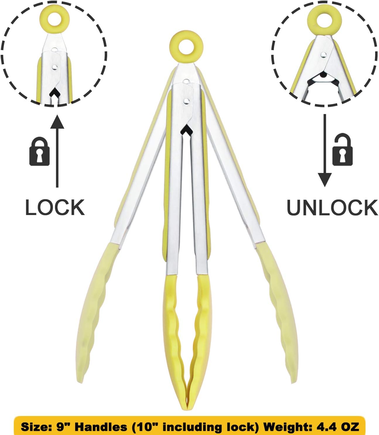 Silicone Tipped Tongs 9" Kitchen Cooking Tongs, Set of 3 (Yellow)