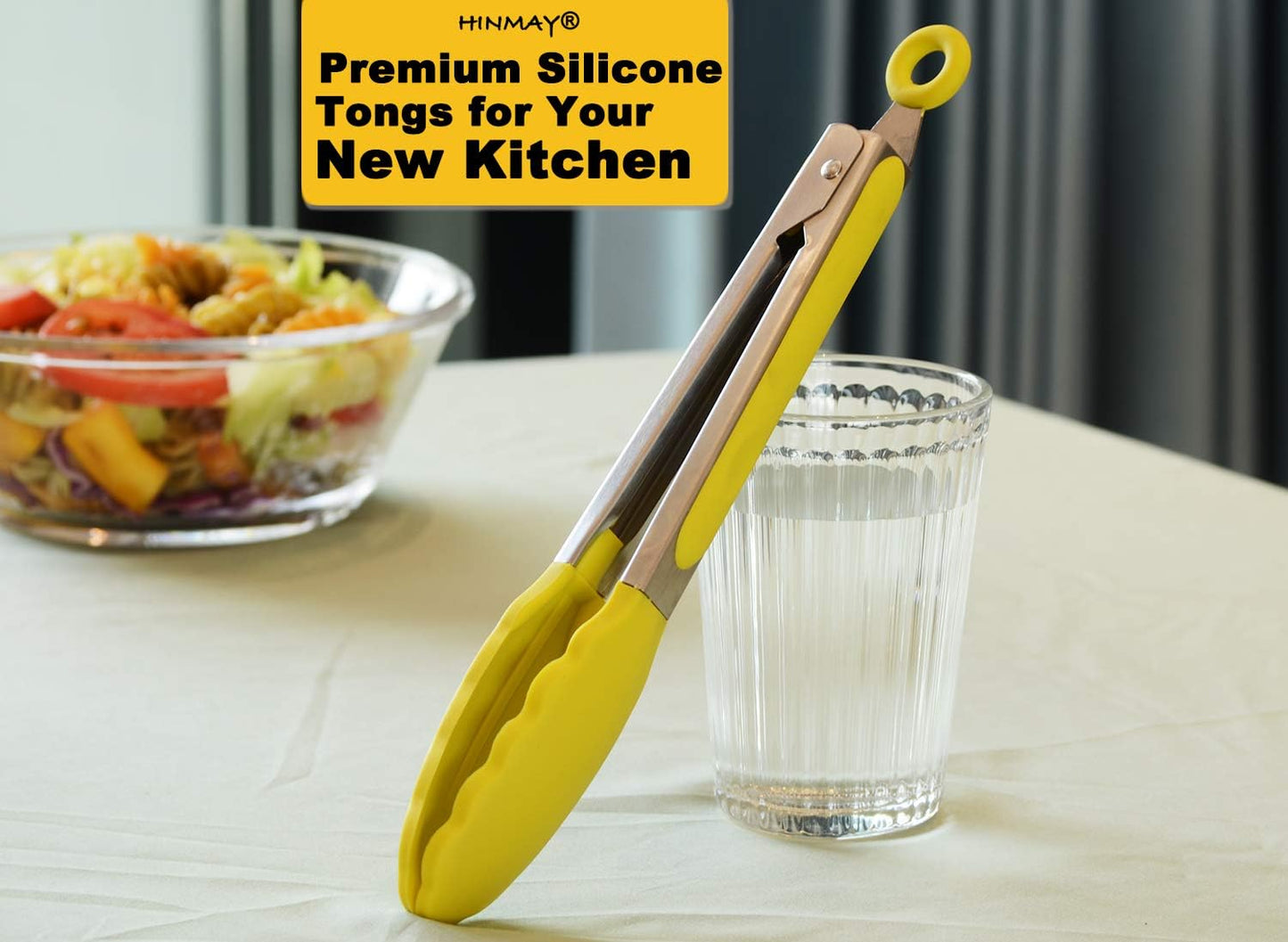 Silicone Tipped Tongs 9" Kitchen Cooking Tongs, Set of 3 (Yellow)