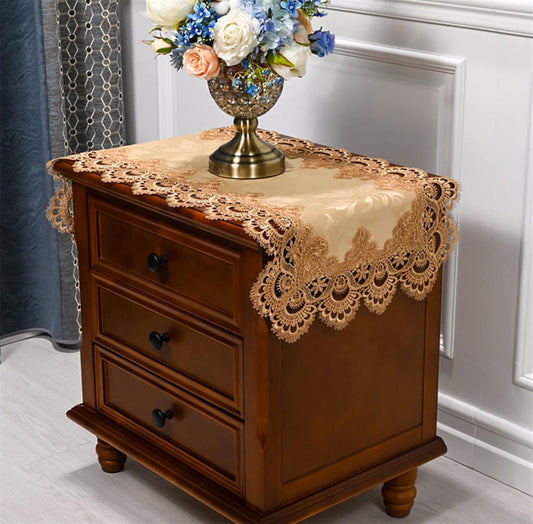Lace Bedside Table Cover Cloth American Coffee Table Cover Towel Cover Washing Machine Refrigerator Dust Cover (15.7 * 31.4 inches,Yellow-Brown lace)
