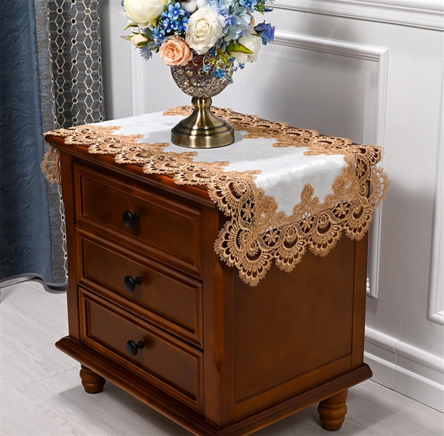 Lace Bedside Table Cover Cloth American Coffee Table Cover Towel Cover Washing Machine Refrigerator Dust Cover (15.7 * 31.4 inches,Yellow-Brown lace)