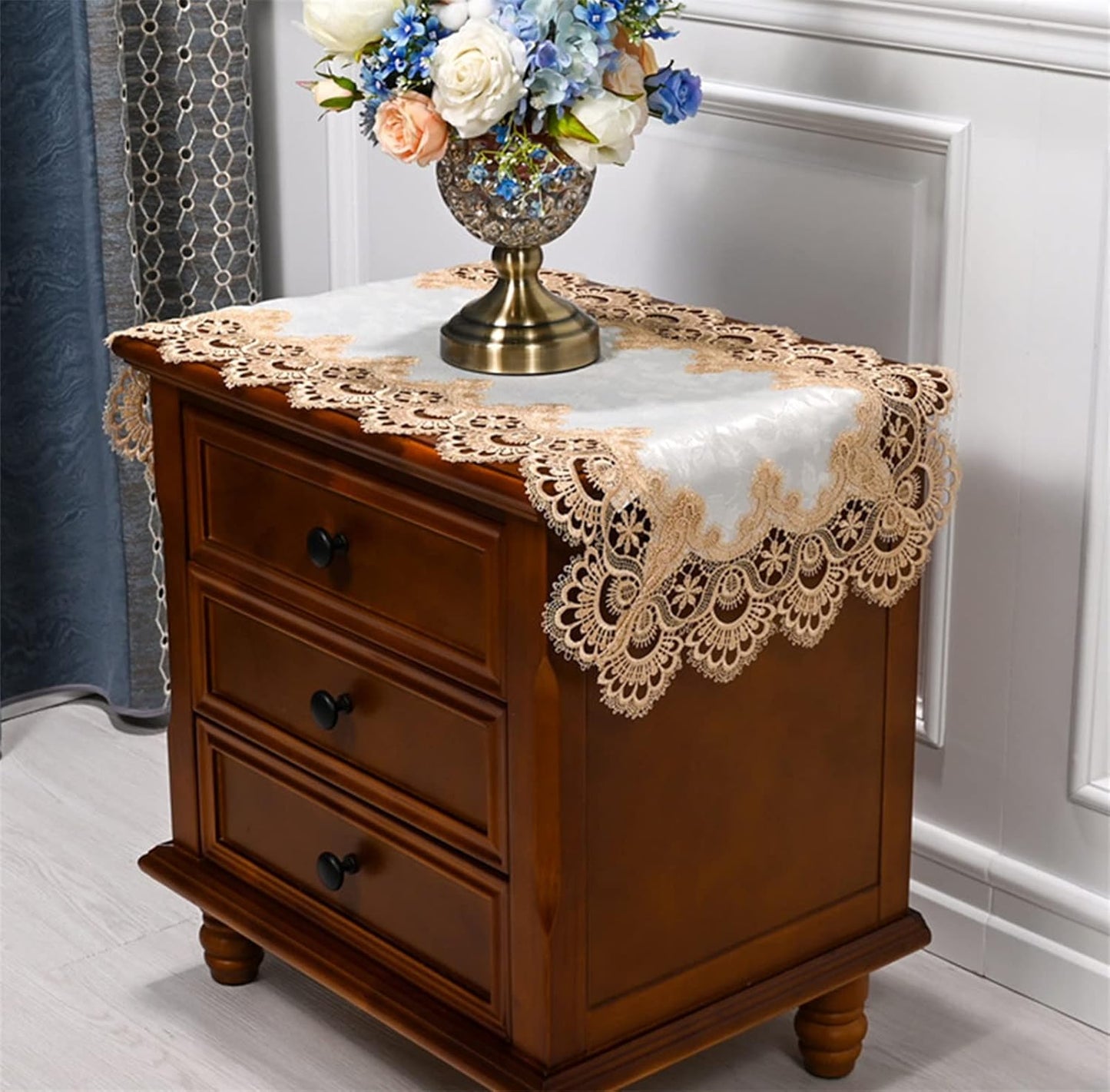 Lace Bedside Table Cover Cloth American Coffee Table Cover Towel Cover Washing Machine Refrigerator Dust Cover (15.7 * 31.4 inches,Yellow-Brown lace)