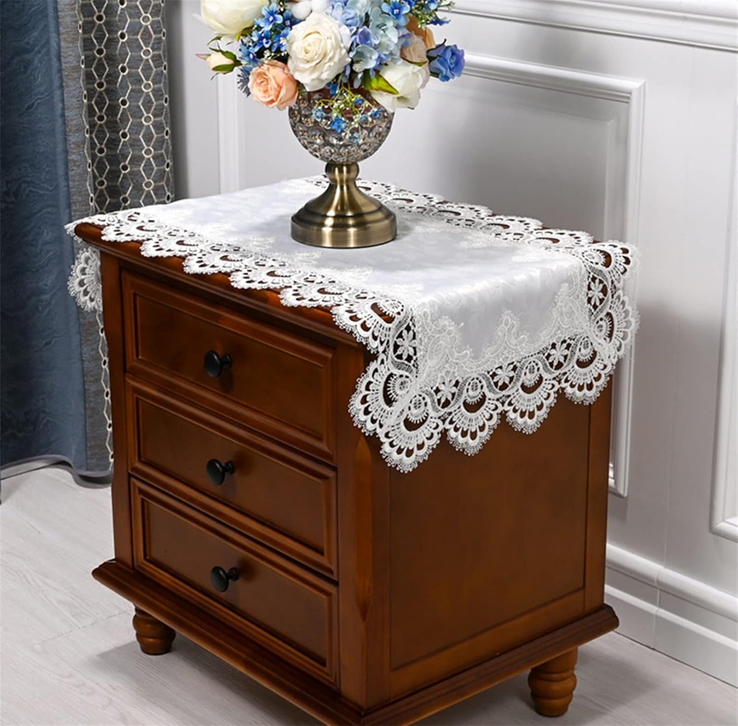 Lace Bedside Table Cover Cloth American Coffee Table Cover Towel Cover Washing Machine Refrigerator Dust Cover (15.7 * 31.4 inches,Yellow-Brown lace)