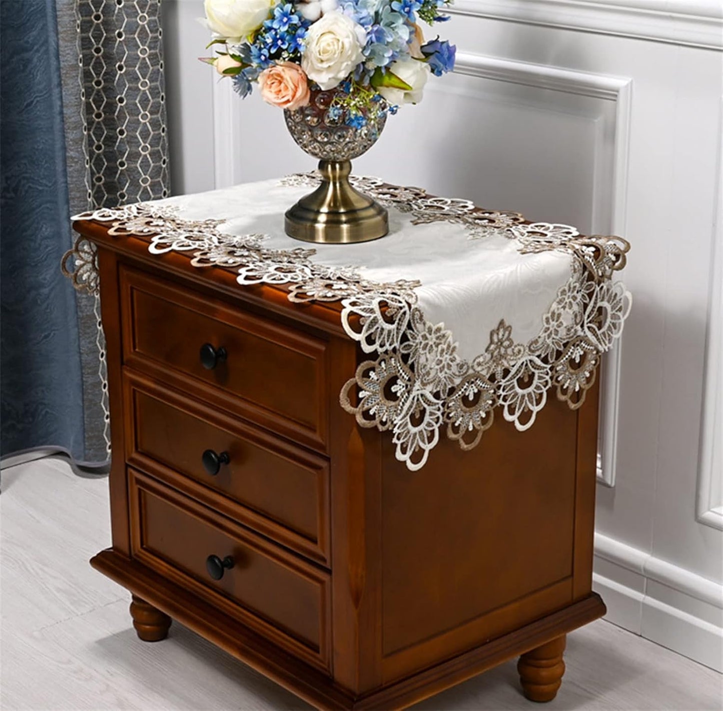 Lace Bedside Table Cover Cloth American Coffee Table Cover Towel Cover Washing Machine Refrigerator Dust Cover (15.7 * 31.4 inches,Yellow-Brown lace)