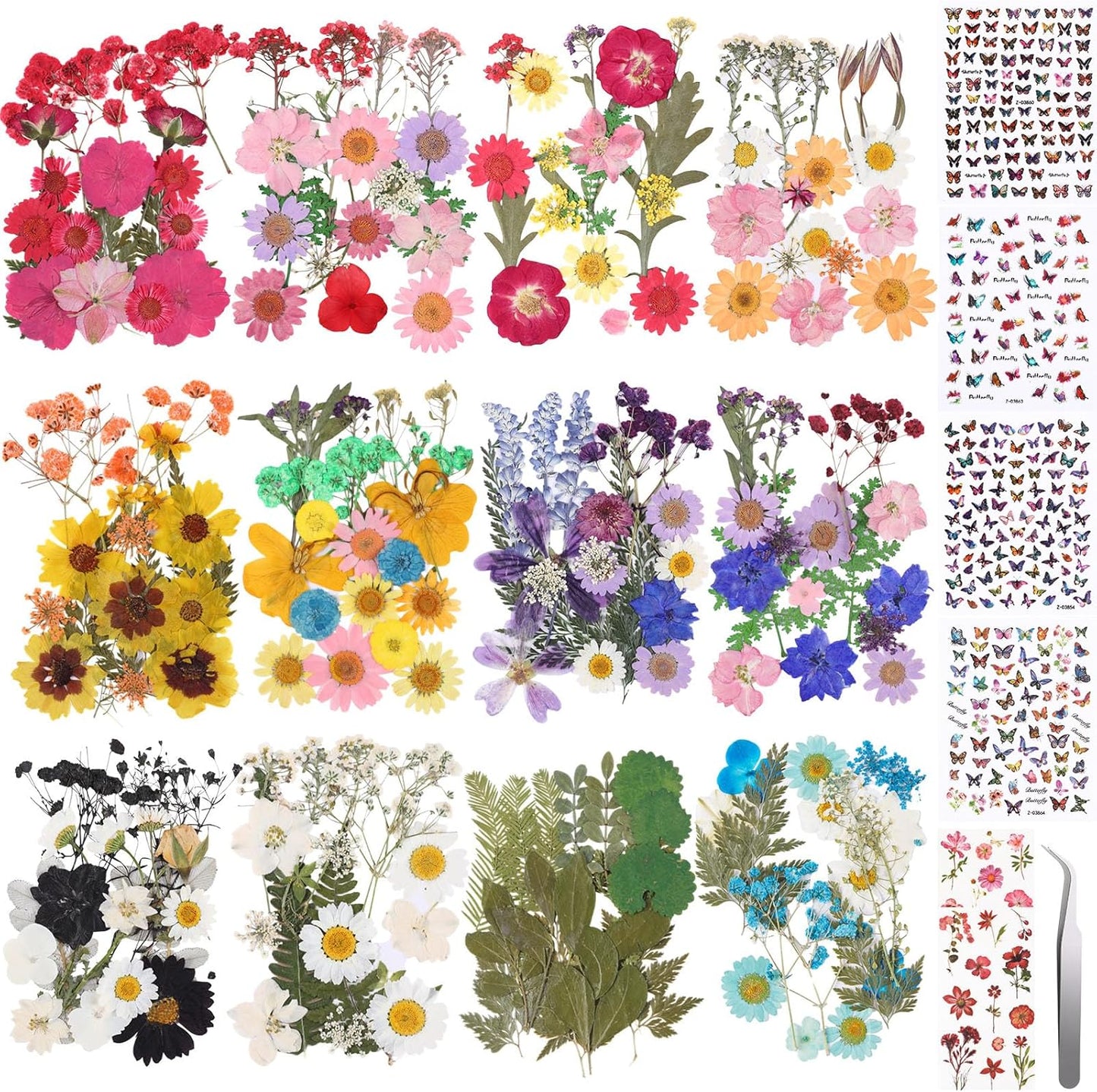 650pcs Dried Pressed Flowers for Resin Craft Dried Pressed Flowers with Butterfly Stickers and Tweezers for DIY Making Nail Soap Jewelry Candles Floral Decors