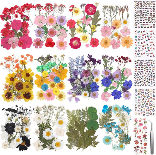 650pcs Dried Pressed Flowers for Resin Craft Dried Pressed Flowers with Butterfly Stickers and Tweezers for DIY Making Nail Soap Jewelry Candles Floral Decors