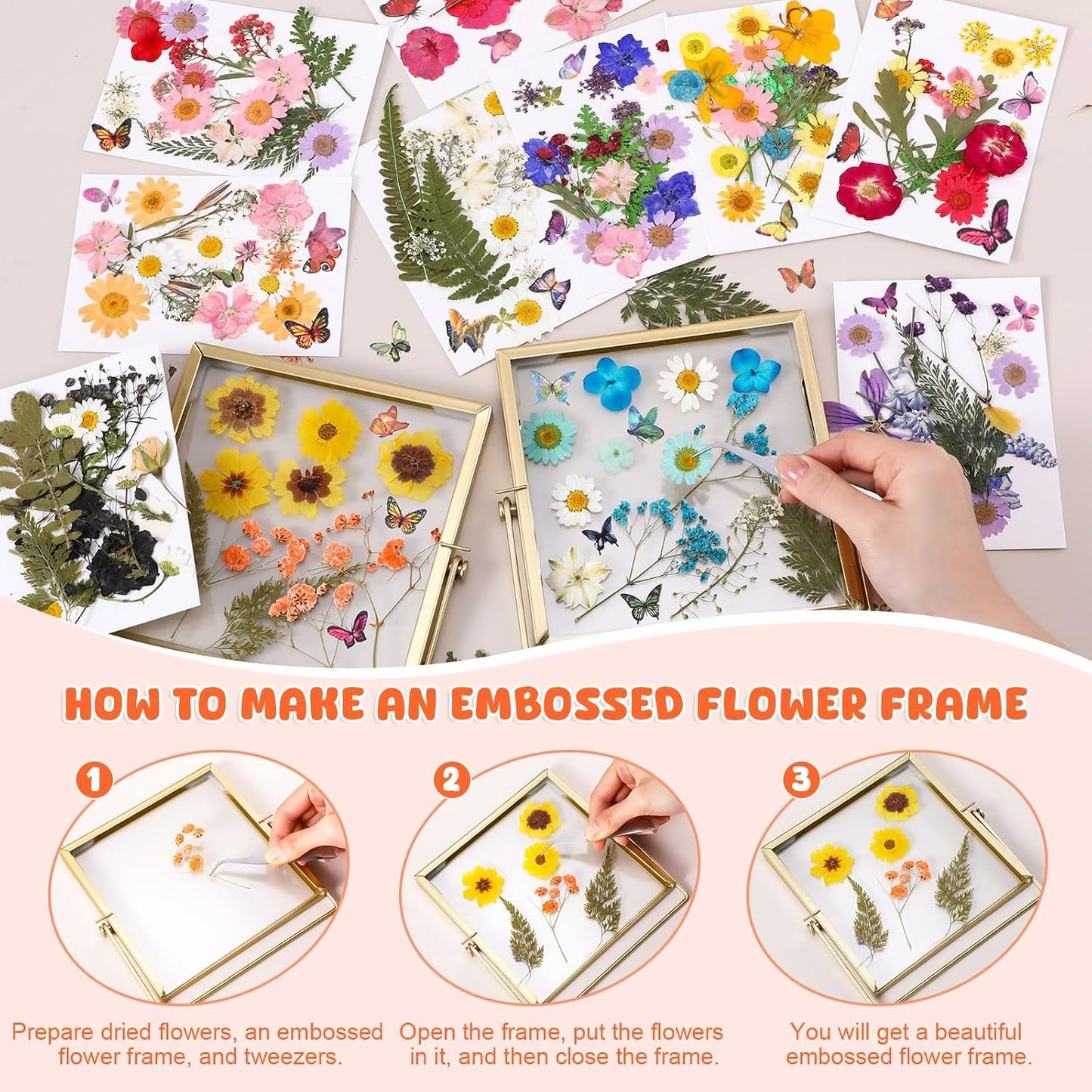 650pcs Dried Pressed Flowers for Resin Craft Dried Pressed Flowers with Butterfly Stickers and Tweezers for DIY Making Nail Soap Jewelry Candles Floral Decors