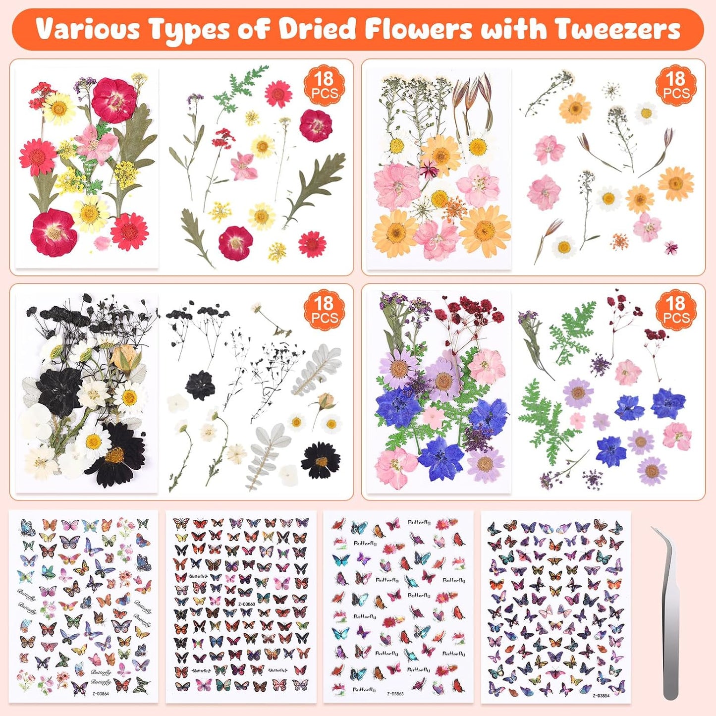 650pcs Dried Pressed Flowers for Resin Craft Dried Pressed Flowers with Butterfly Stickers and Tweezers for DIY Making Nail Soap Jewelry Candles Floral Decors