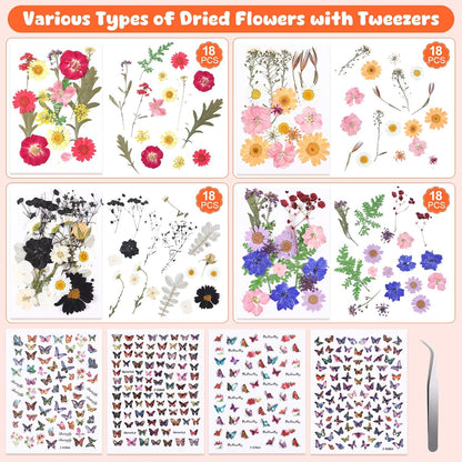 650pcs Dried Pressed Flowers for Resin Craft Dried Pressed Flowers with Butterfly Stickers and Tweezers for DIY Making Nail Soap Jewelry Candles Floral Decors