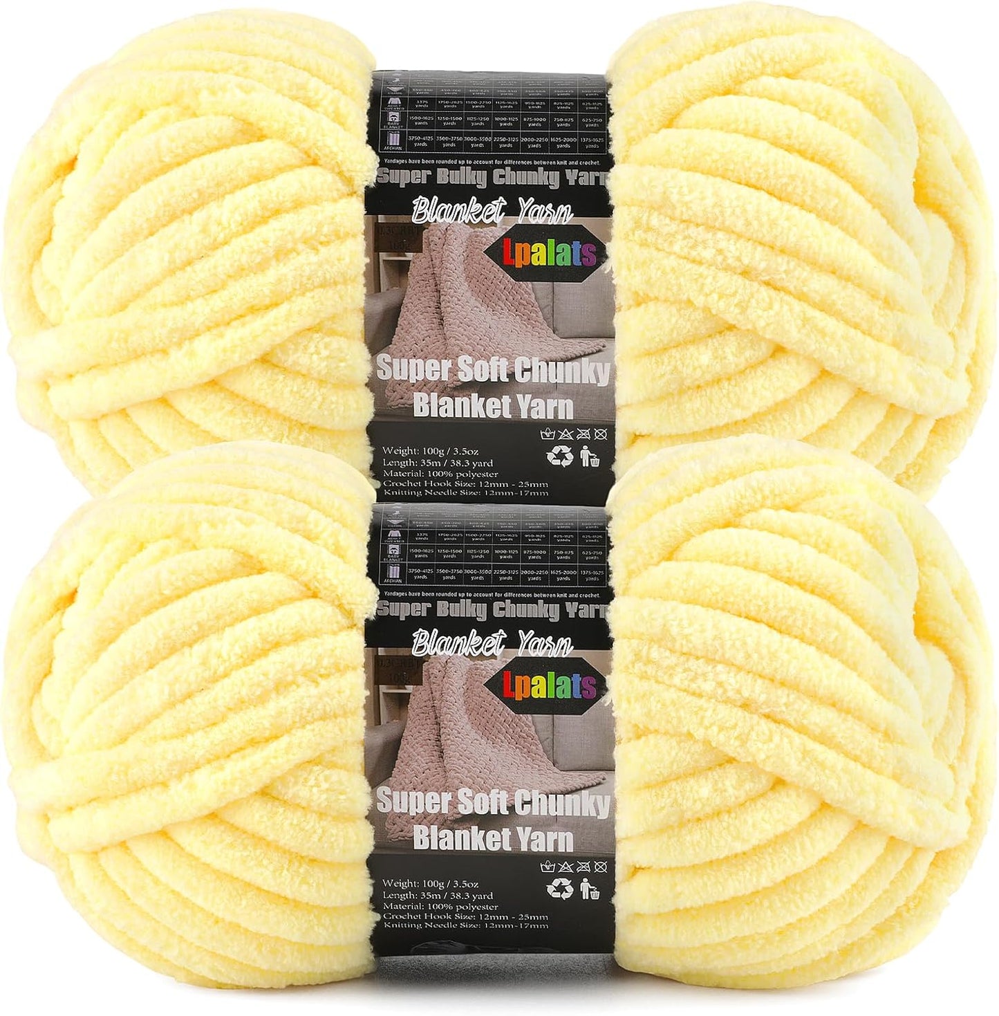 Pale Yellow Super Bulky Chunky Chenille Yarn - 2 Pack of 200g/7oz - 100% Polyester - 76 Yards - Soft Plush Thick Yarn for Knitting, Crocheting & Quick Blanket Projects