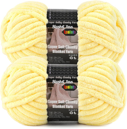 Pale Yellow Super Bulky Chunky Chenille Yarn - 2 Pack of 200g/7oz - 100% Polyester - 76 Yards - Soft Plush Thick Yarn for Knitting, Crocheting & Quick Blanket Projects