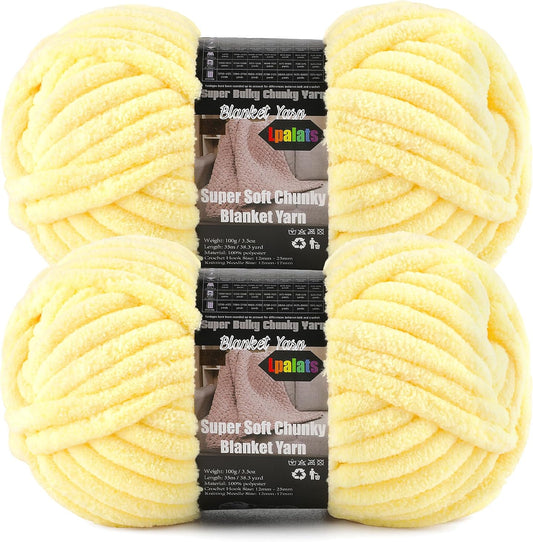 Pale Yellow Super Bulky Chunky Chenille Yarn - 2 Pack of 200g/7oz - 100% Polyester - 76 Yards - Soft Plush Thick Yarn for Knitting, Crocheting & Quick Blanket Projects