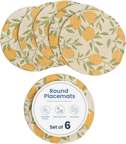 The Fine Living Co. Lemon Printed Braided Cotton Placemats (Set of 6, 13.5 Inches), Washable Anti-Slip Heat Resistant Mats, Boho Woven Round Table Mats for Table Decor, Kitchen and Dining
