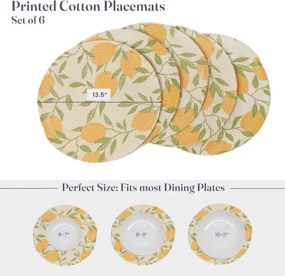 The Fine Living Co. Lemon Printed Braided Cotton Placemats (Set of 6, 13.5 Inches), Washable Anti-Slip Heat Resistant Mats, Boho Woven Round Table Mats for Table Decor, Kitchen and Dining