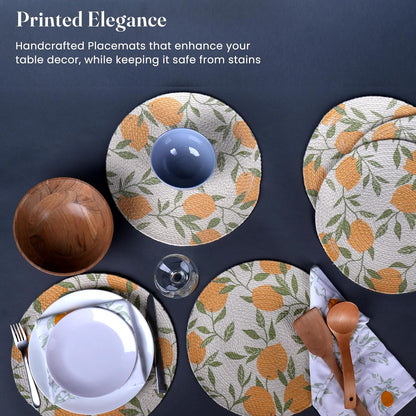 The Fine Living Co. Lemon Printed Braided Cotton Placemats (Set of 6, 13.5 Inches), Washable Anti-Slip Heat Resistant Mats, Boho Woven Round Table Mats for Table Decor, Kitchen and Dining