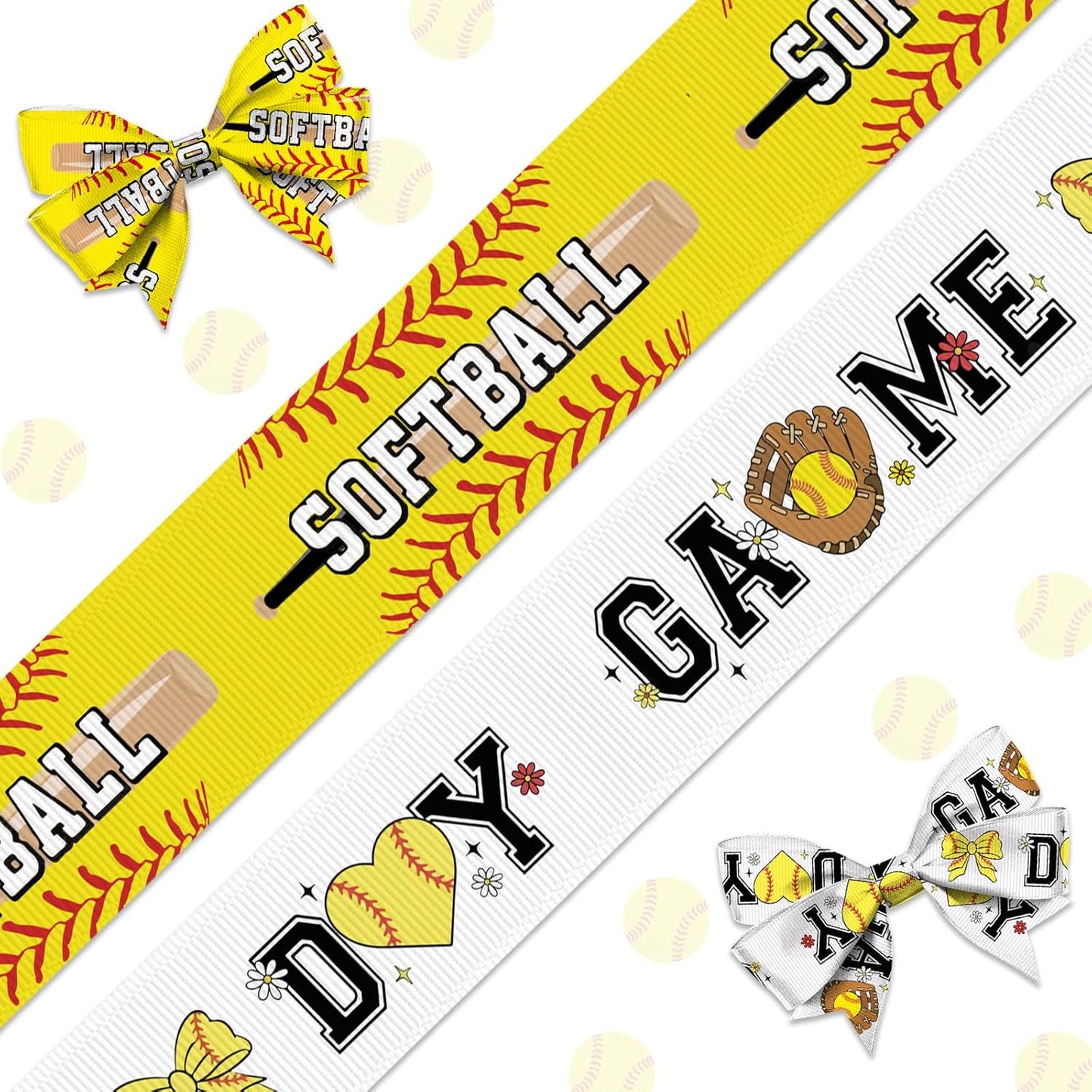 2PCS 4/5" Softball Ribbon for Craft Sewing 10 Yard, Bright Yellow Patern Sport Grosgrain Ribbon for Sports Tournament Decor Hair Bows Gift Wrapping Crafts Cheerleader Accessories Supplies