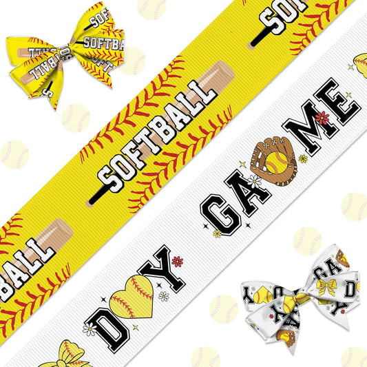 2PCS 4/5" Softball Ribbon for Craft Sewing 10 Yard, Bright Yellow Patern Sport Grosgrain Ribbon for Sports Tournament Decor Hair Bows Gift Wrapping Crafts Cheerleader Accessories Supplies
