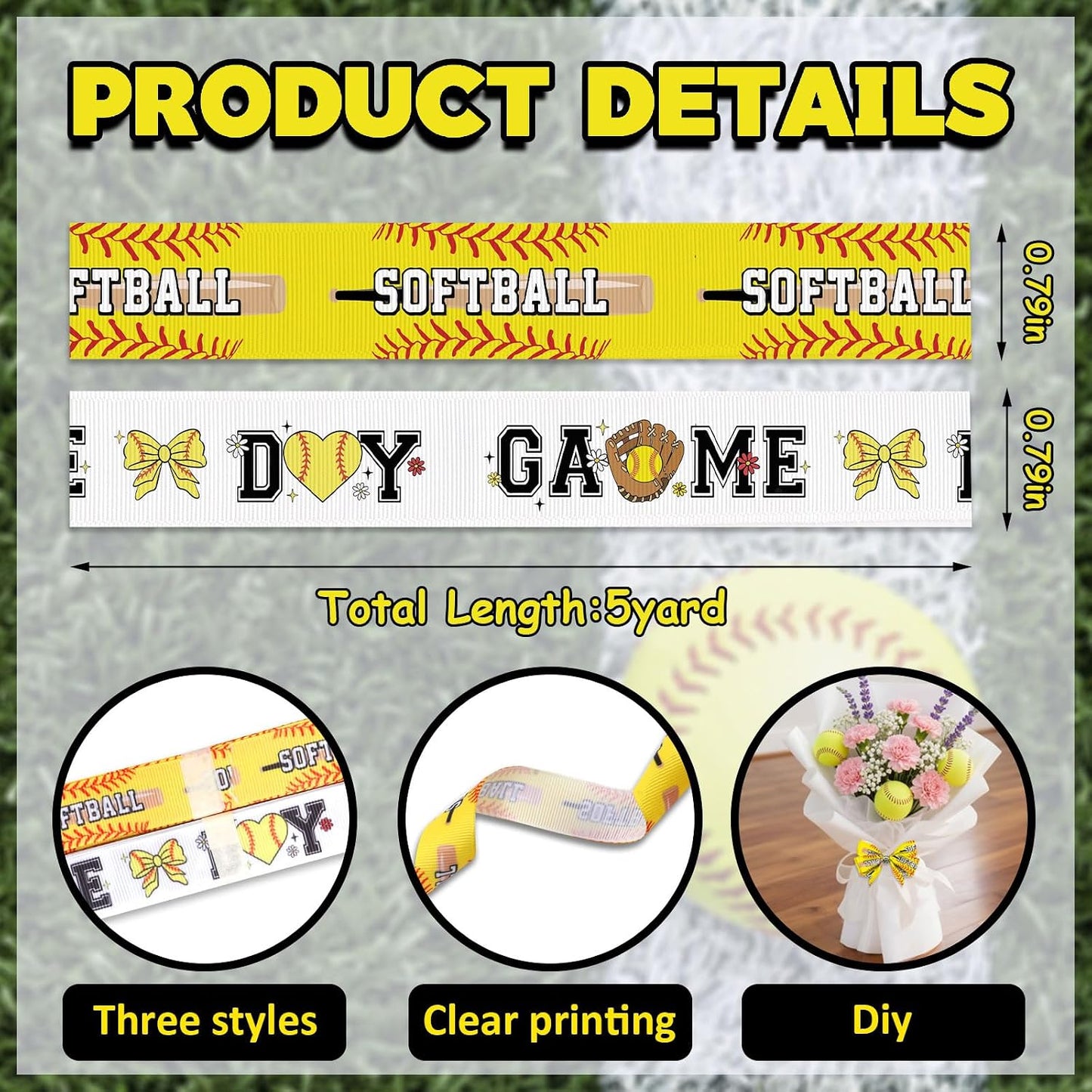 2PCS 4/5" Softball Ribbon for Craft Sewing 10 Yard, Bright Yellow Patern Sport Grosgrain Ribbon for Sports Tournament Decor Hair Bows Gift Wrapping Crafts Cheerleader Accessories Supplies