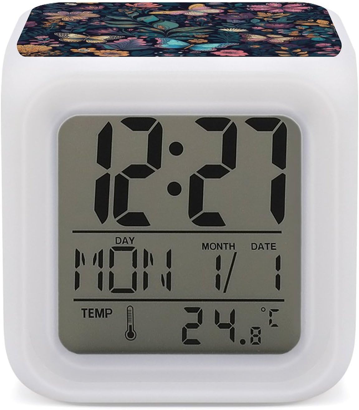 Blue Yellow Flowers Digital Alarm Clock with 7 Color Night Light | Smart LED Display Desktop Clock for Heavy Sleepers, Bedside Small Light Alarm Clock with Date Temperature Display3