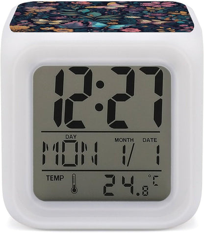 Blue Yellow Flowers Digital Alarm Clock with 7 Color Night Light | Smart LED Display Desktop Clock for Heavy Sleepers, Bedside Small Light Alarm Clock with Date Temperature Display3