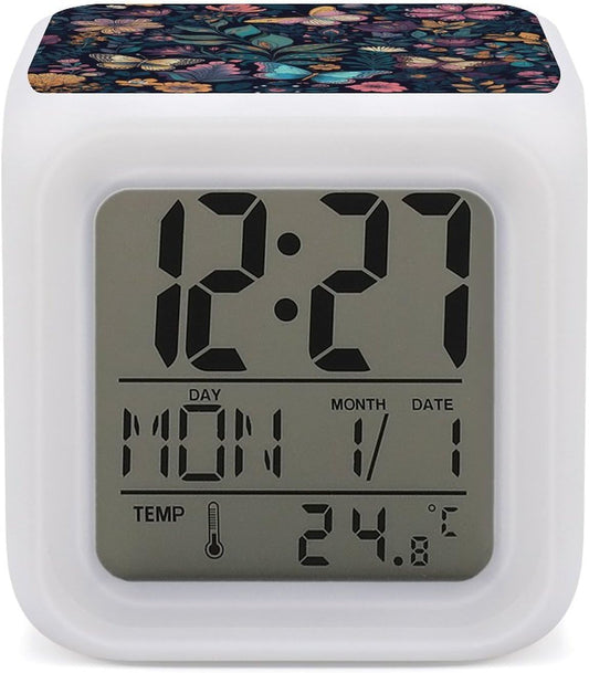 Blue Yellow Flowers Digital Alarm Clock with 7 Color Night Light | Smart LED Display Desktop Clock for Heavy Sleepers, Bedside Small Light Alarm Clock with Date Temperature Display3
