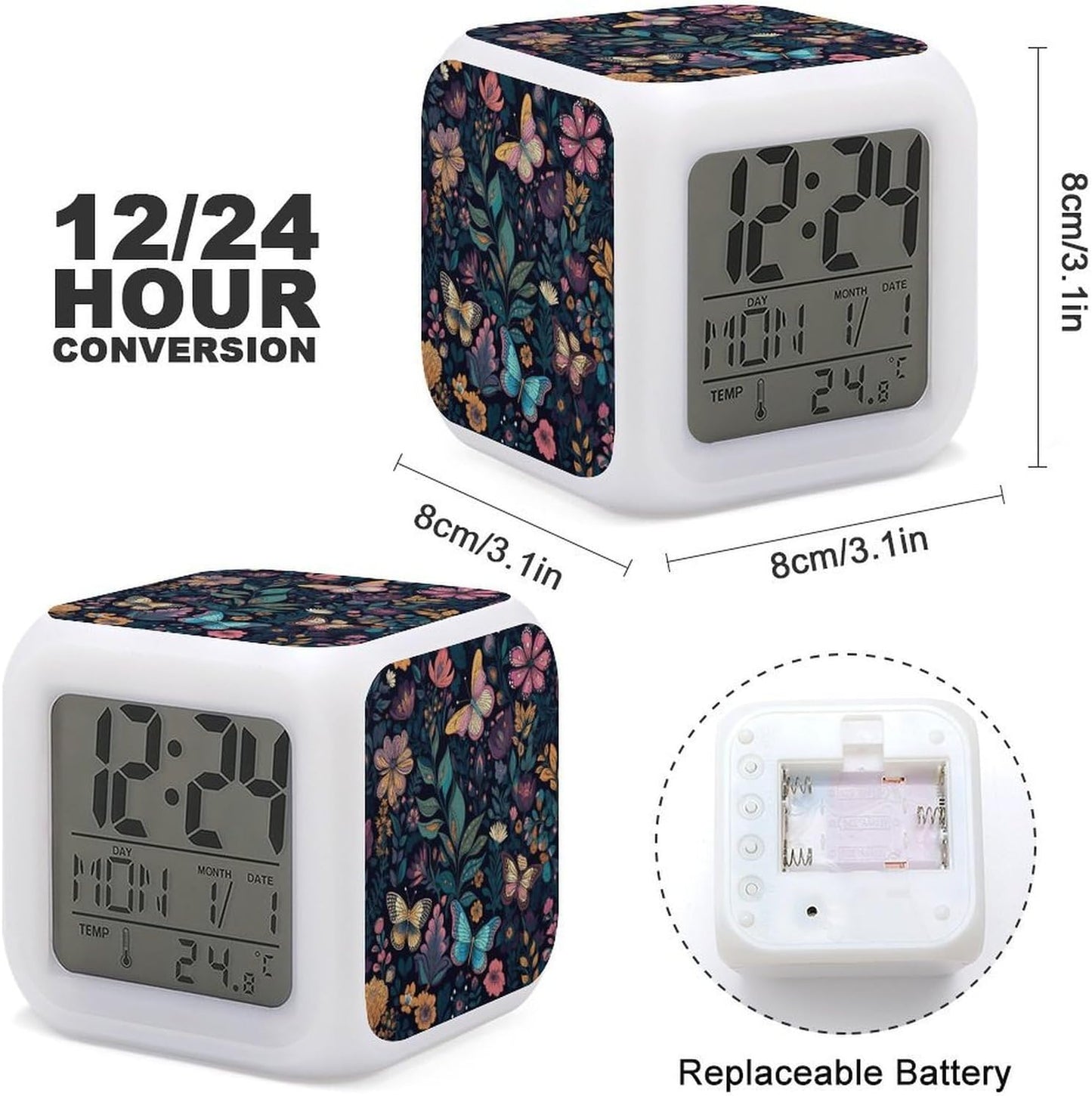 Blue Yellow Flowers Digital Alarm Clock with 7 Color Night Light | Smart LED Display Desktop Clock for Heavy Sleepers, Bedside Small Light Alarm Clock with Date Temperature Display3