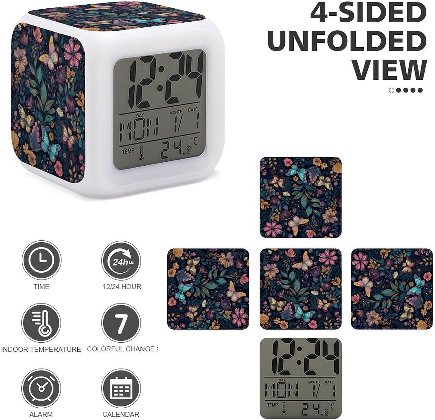 Blue Yellow Flowers Digital Alarm Clock with 7 Color Night Light | Smart LED Display Desktop Clock for Heavy Sleepers, Bedside Small Light Alarm Clock with Date Temperature Display3