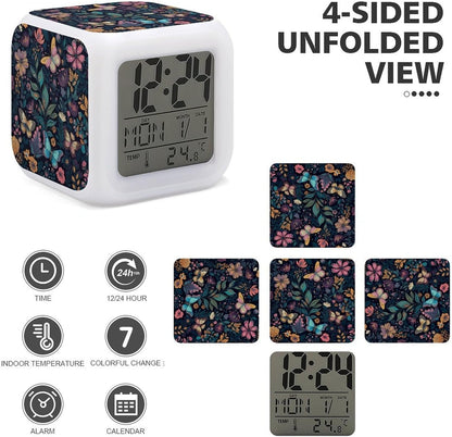 Blue Yellow Flowers Digital Alarm Clock with 7 Color Night Light | Smart LED Display Desktop Clock for Heavy Sleepers, Bedside Small Light Alarm Clock with Date Temperature Display3