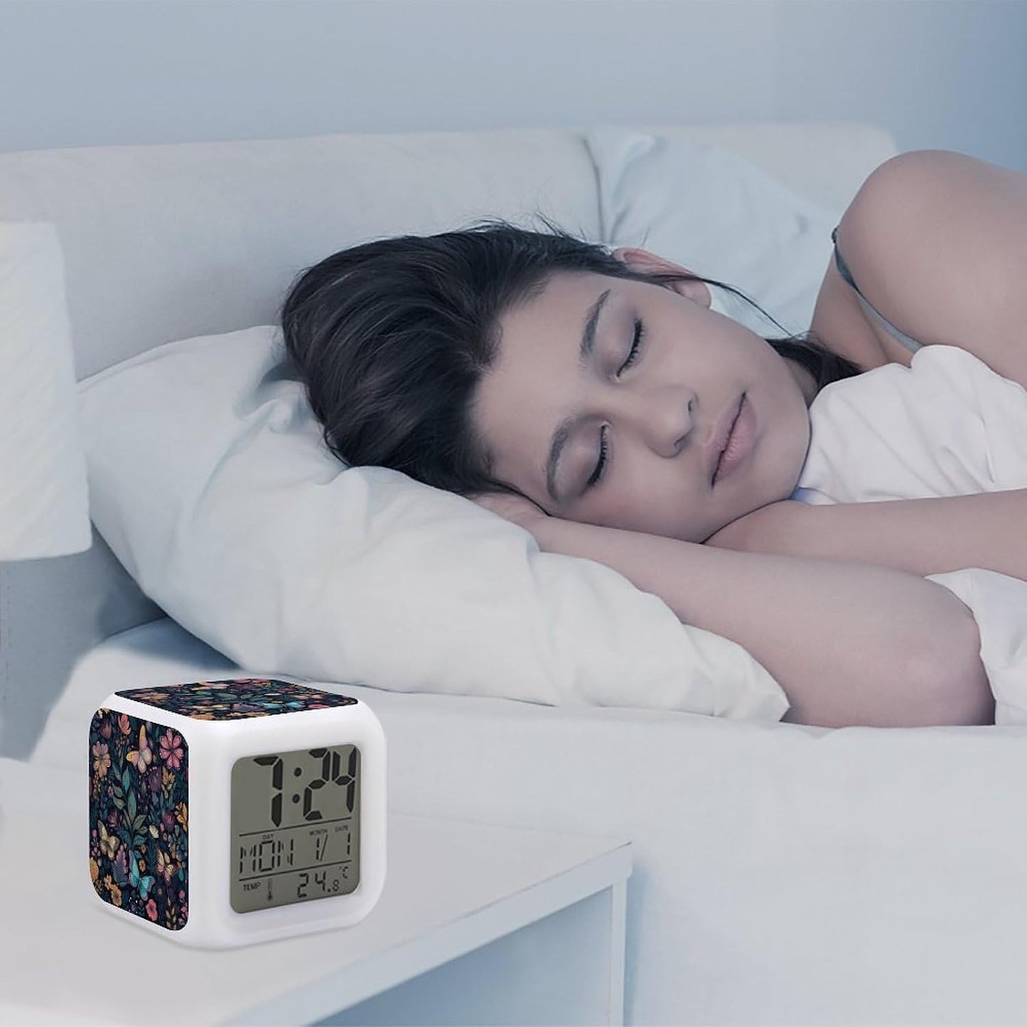 Blue Yellow Flowers Digital Alarm Clock with 7 Color Night Light | Smart LED Display Desktop Clock for Heavy Sleepers, Bedside Small Light Alarm Clock with Date Temperature Display3