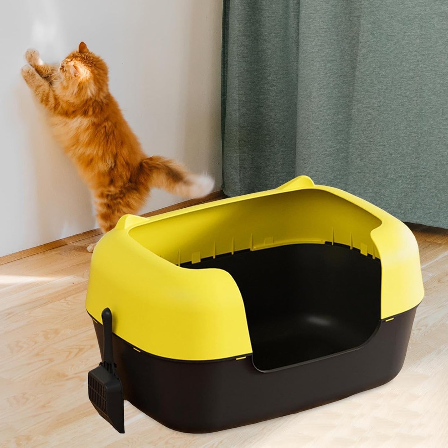 Cat Litter Tray Semi Enclosed Cat Litter Box High Sided Pet Toilet Tray Container PP Material Suitable for Pet Indoor Kittens, Yellow and Black