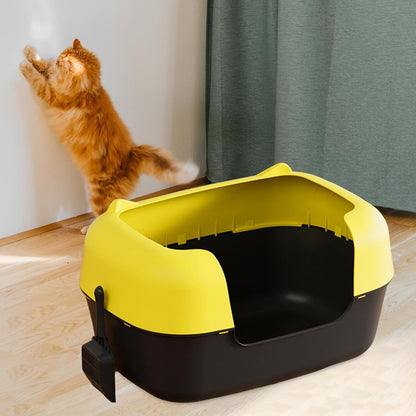 Cat Litter Tray Semi Enclosed Cat Litter Box High Sided Pet Toilet Tray Container PP Material Suitable for Pet Indoor Kittens, Yellow and Black