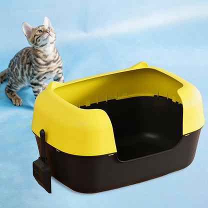 Cat Litter Tray Semi Enclosed Cat Litter Box High Sided Pet Toilet Tray Container PP Material Suitable for Pet Indoor Kittens, Yellow and Black