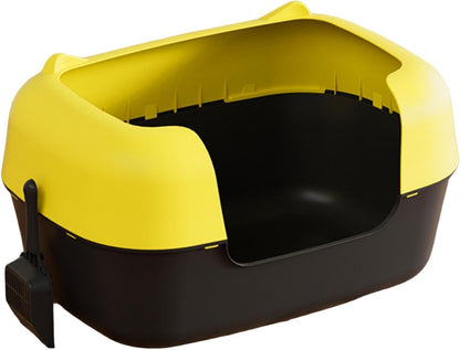 Cat Litter Tray Semi Enclosed Cat Litter Box High Sided Pet Toilet Tray Container PP Material Suitable for Pet Indoor Kittens, Yellow and Black