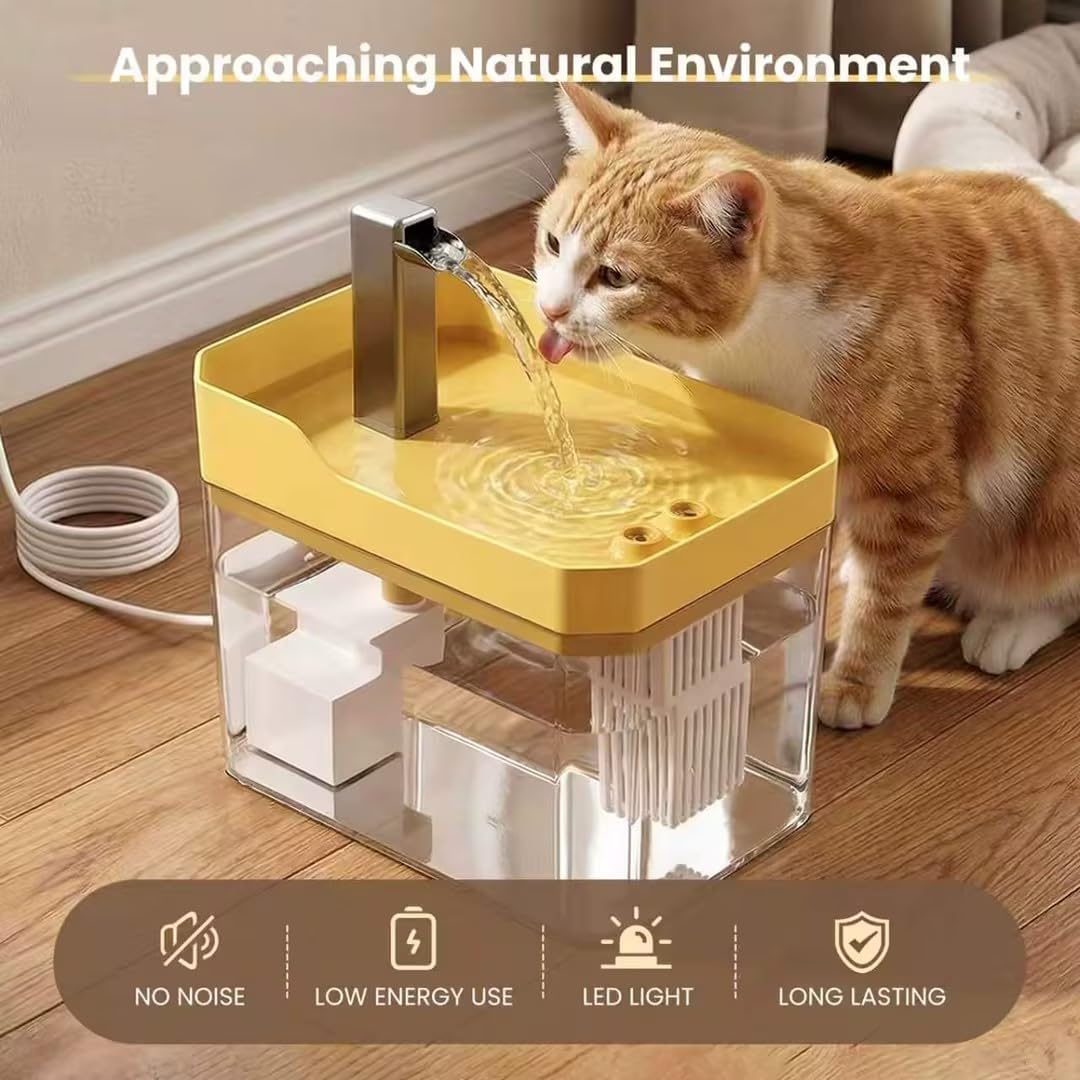 Cute Small Cat Water Fountain 1.5L,Transparent Detachable Tank,Quiet Pump & LED Light,Easy Clean Portable Pet Water Dispenser for Car Indoor Travel,Mini Dog Cat Drinking Fountain Gifts,Yellow